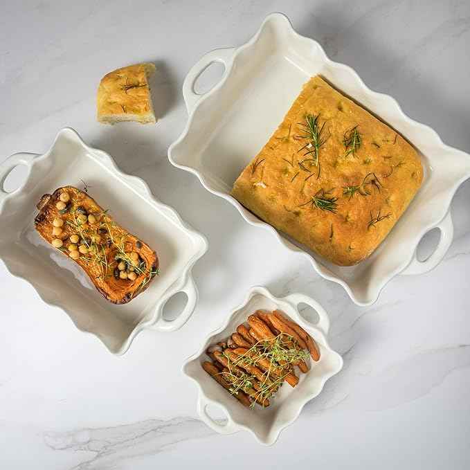Casafina Ceramic 13.5" x 8.5" Rectangular Ruffled Baker - Cook & Host Collection, White | Oven & Dishwasher Safe Bakeware | Food Safe Glazing | Restaurant Quality Dinnerware