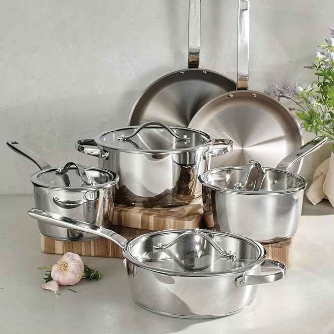 Tramontina Tempo Tri-Ply Base Stainless Steel 10-Piece Cookware Set with Glass Lids, Pots and Pans Kitchen Set, Induction-Ready, Oven-Safe, Dishwasher-Safe