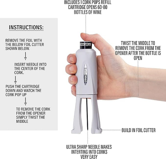 Cork Pops Legacy Wine Opener Built-in 4-Blade Foil Cutter Safe Cork Removal, Effortless Push Button Use, Needle Guard for Safety, Low-Pressure Cartridge Opens Up To 60 (Gray, With 1 Cartridge)