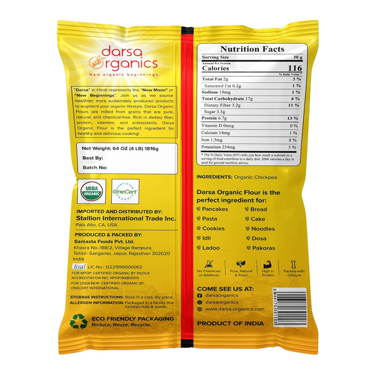 Darsa Organics Gram Flour - 2 lb Besan Flour, USDA Organic, Chemical Free, Non-GMO, Kosher, Premium Chickpea Flour for Cooking & Skin Care, Ideal for Gluten Free Diets & Face Masks - Nestoria