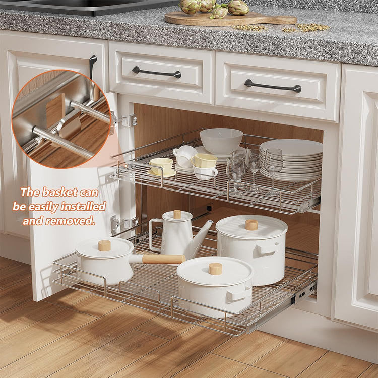 ROOMTEC Individual Pull Out Cabinet Organizer (25½"W x 21½"D), 2 Tier Spice Rack Organizer for Cabinet, Slide Out Drawer Pantry Shelf Organization and Storage for Kitchen Bathroom