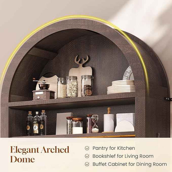 Itaar 73" Tall Arched Bakers Rack with Power Outlet and LED Light, Farmhouse Coffee Bar Cabinet, Kitchen Microwave Stand with Storage for Kitchen, Dining Room, Living Room, Brown