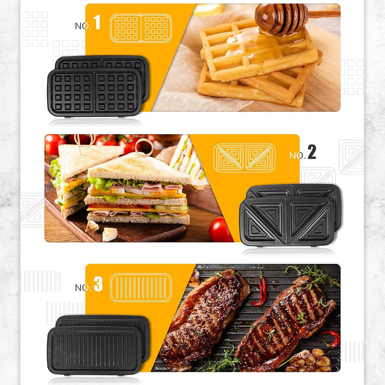 Waffle Makers, 3-in-1 Waffle Iron Panini Press Sandwich Maker with Removable Plates, 5-gears Temperature Control Non Stick Coating Cool Touch Handle Anti-skid Feet for Breakfast 1200W 120V