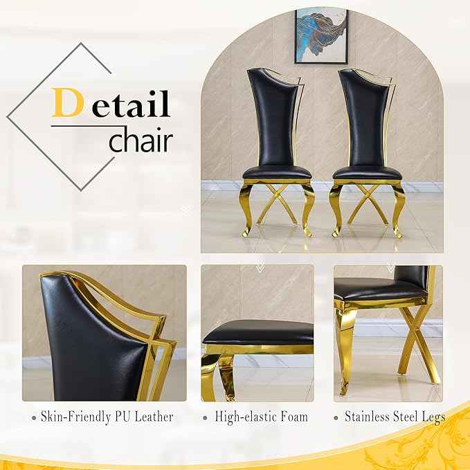 AF ARTISAN FURNITURE 7 Piece Luxury Dining Room Set, Modern Dining Table and Upholstered Chairs Set, Marble Kitchen Table Set for 6, Big Kitchen Dinner Tables Kit with Gold Base