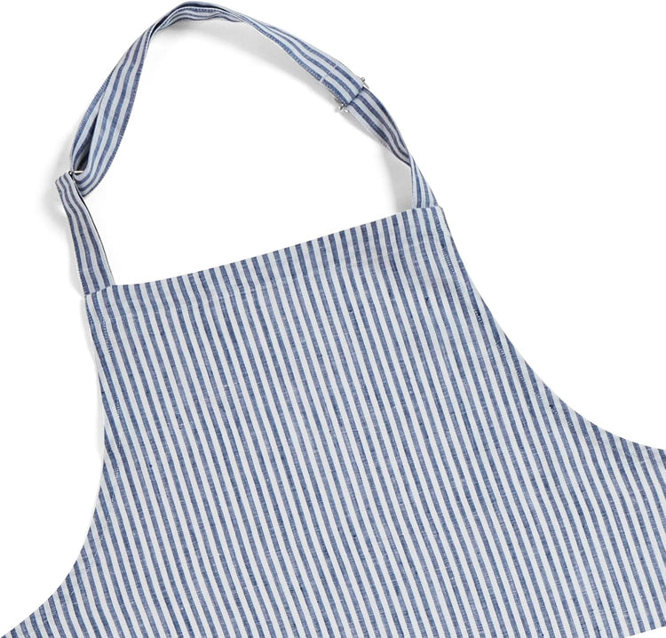 Solino Home 100% Pure Linen Apron for Women & Men - Navy and White Stripe Full Midi Bib Apron, Adjustable Neck Strap with Center Pockets for Kitchen, Chef - Handcrafted from European Flax