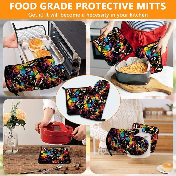 Colorful Butterfly Oven Mitts and Pot Holders Sets 4Pcs
