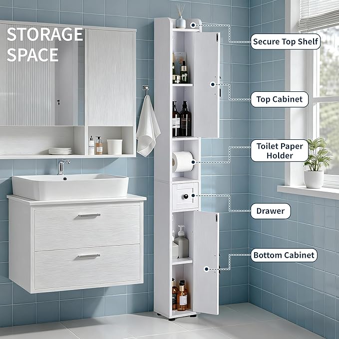 VECELO Narrow Bathroom Storage Cabinet, Tall Cabinet with Adjustable Shelves & Toilet Paper Holder & Drawer, Slim Freestanding Floor Cabinets with Magnetic Door for Small Spaces, White