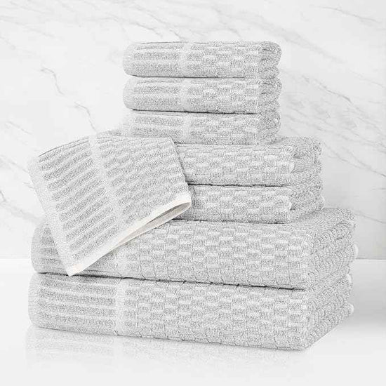 Superior Juno Viscose Cotton Blend Medium Weight Towels, for Bathroom, Shower, Spa, Plush, Quick Dry, Ultra-Soft Towels, Bath Essentials, Border Detail, 8 Piece Assorted Towel Set, Platinum