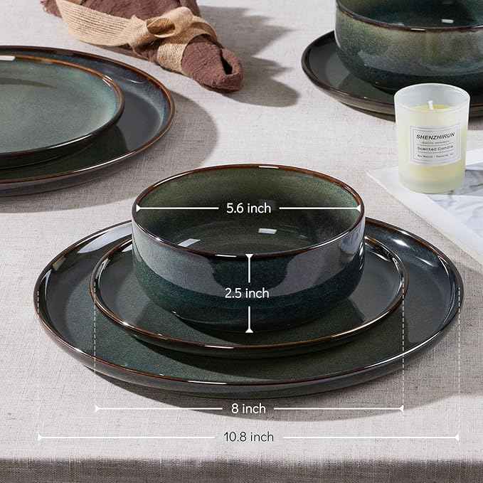 E-far 6-Piece Plates and Bowls Set, Stoneware Dinnerware Sets for 2, Ceramic Dishes Reactive Glaze Dinning Ware, Microwave & Dishwasher Safe - Obsidian Green