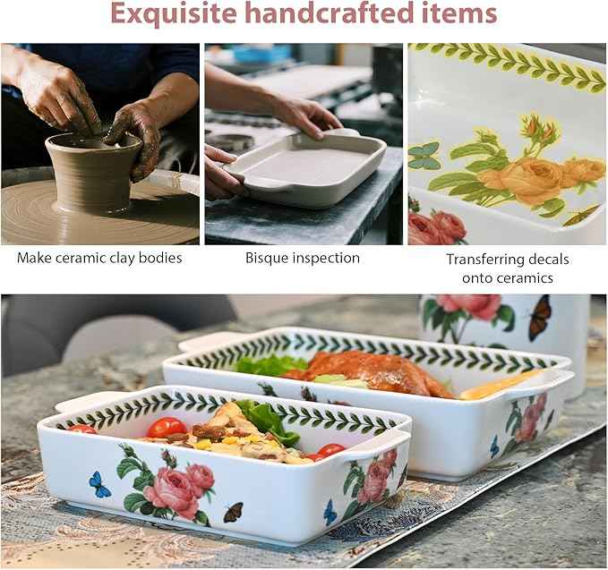 ACMLIFE Ceramic Casserole Dish Set, Ceramic Baking Dish for Oven, Casserole Dish Bakeware Set, Casserole Dishes for Oven, Lasagna Pan, Large Baking Dishes with Handles, Microwave, Dishwasher Safe, Gift Packaging Floral 2 Pcs Set(13"x8"+10.3"x6.3") (Rose)