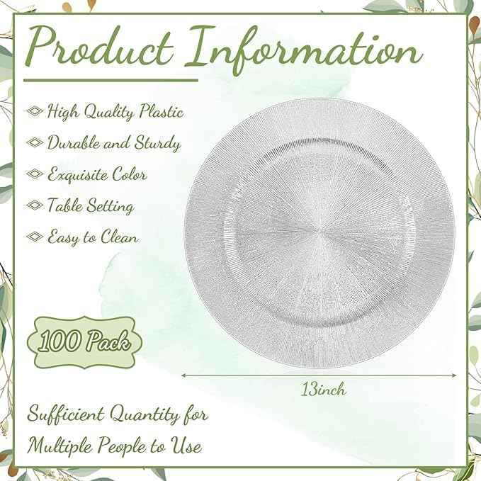 Tanlade 100 Pcs Silver Charger Plates Bulk, 13" Round Plastic Dinner Charger Plate, Shiny Silver Table Chargers Serving Plate Catering Tabletop for Thanksgiving Halloween Christmas Wedding Party Decor