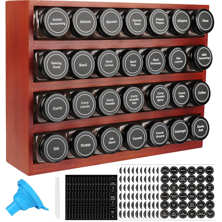 Bamboo Spice Rack Organizer with 28 Glass Spice Jars 4 oz Set Cherry Stain (28 Count)