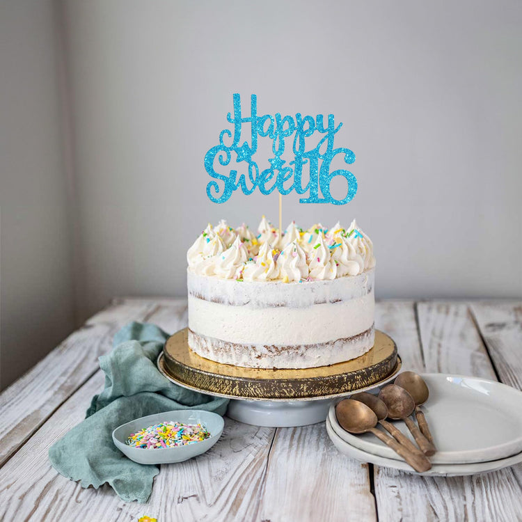1Pc Happy Sweet 16 Cake Topper Glitter 16th Birthday Cake Pick for Cheers to 16 Years Old 16th Birthday Party Cake Decorations Supplies Light Blue
