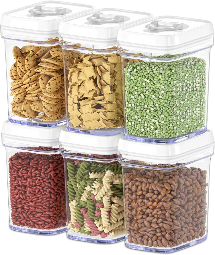 DWËLLZA KITCHEN Airtight Food Storage Containers for Pantry With White Lids – 6 Pack - Clear Air Tight Kitchen Containers Pantry Organization and Storage - BPA-Free Plastic - Keeps Food Fresh & Dry