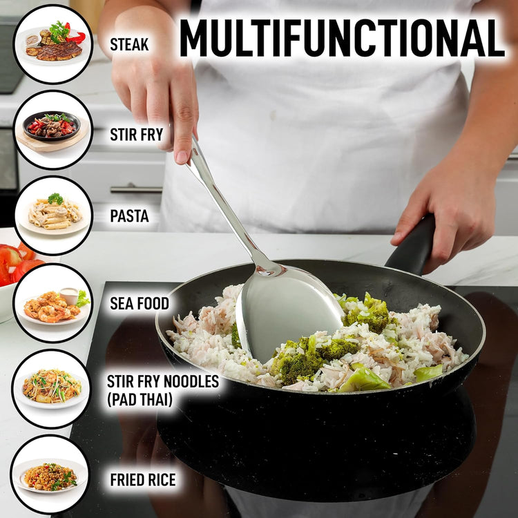 Zulay Kitchen Stainless Steel Metal Wok Spatula - Durable Wok Turner Spatula Shovel - Durable Utensil with Ergonomic, Easy to Use Handle - Easy to Clean, Perfect for at Home Cooks & Chefs - 14.8”