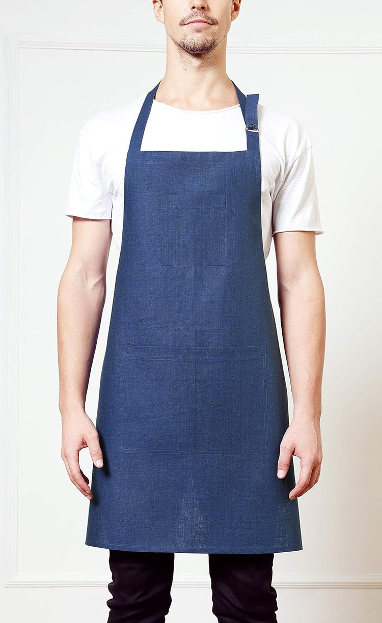 Solino Home Linen Bib Apron for Men & Women - 100% Pure Linen Blue Kitchen Apron with Front Pockets - Handcrafted from European Flax