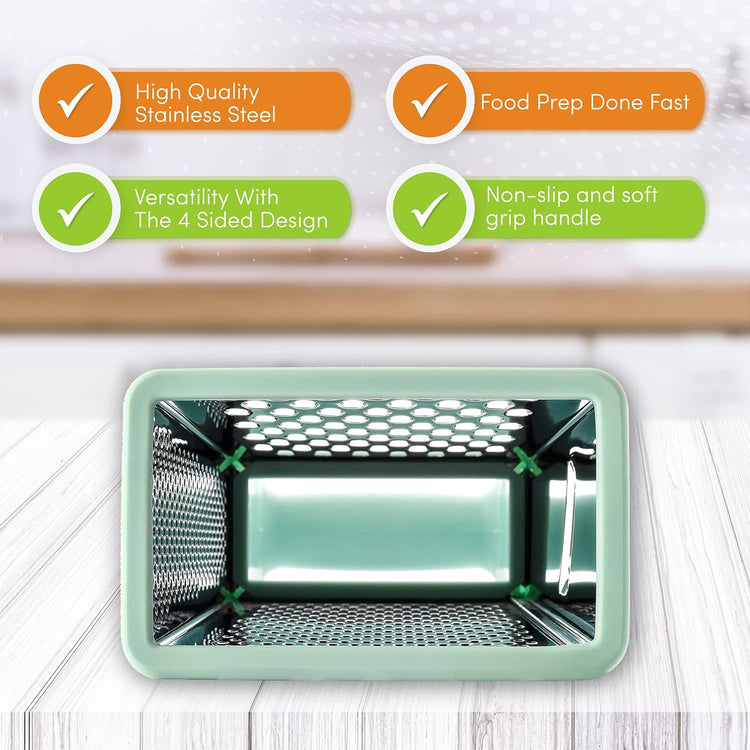 Spring Chef Professional 10" Parmesan Cheese Grater With Container, Stainless Steel & Soft Grip Handle, Handheld Kitchen Cheese Shredder, Box Grater with 4 Sides for Potato, Carrot, Veggie - Mint