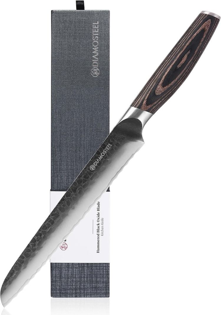 Bread Knife - 8-Inch Serrated Bread Knife - Hammered Black Oxide Blade Japanese 9CR18MOV High Carbon Stainless Steel Sharp Bread Cutter Knife - Ergonomic Pakkawood Handle with Present Box