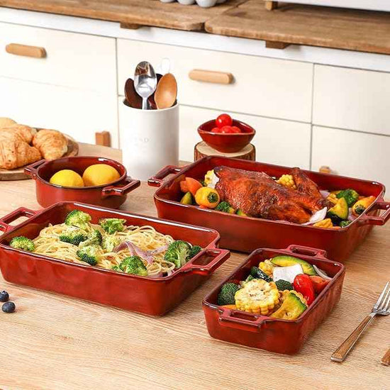 VICRAYS Ceramic Bakeware Set, Porcelain Rectangular Baking Dish, Baking Pan Lasagna Pans Casserole Dish Set for Cooking, Kitchen, Cake Dinner, Banquet, 3 PCS, 15 x 8.5 Inches (Cherry Red)