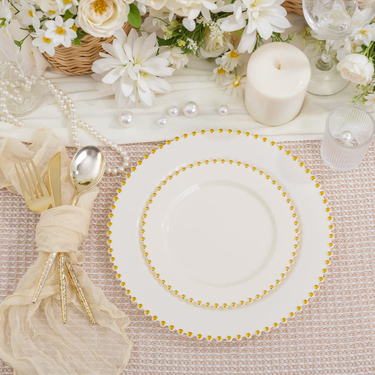 100pcs Ivory Plastic Plates with Gold Beads for Wedding & Party (100 Count)