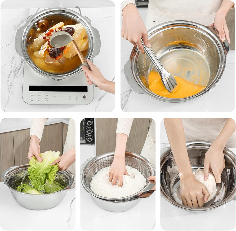 304 Stainless Steel Microporous Colander with Handle, Rice Washers Microporous Strainer Set For washing vegetables, fruits and rice, and draining cooked pasta(2.5QT with handle-Gold)