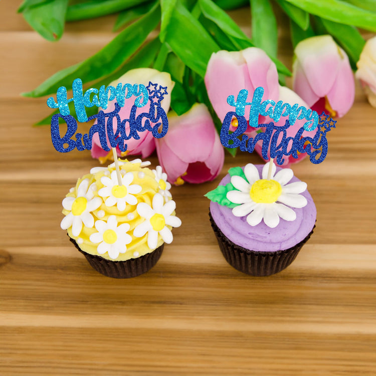 24Pcs Happy Birthday Cupcake Toppers Double Layer Glitter Happy Birthday Cake Decorations for Baby Shower Theme Kids Boys Girls Birthday Anniversary Party Decorations Supplies Blue (24 Count)