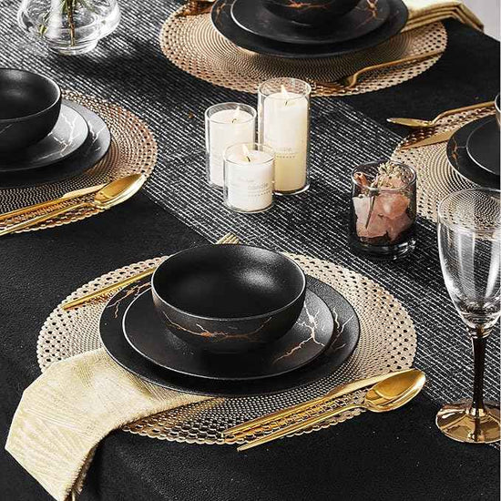 KINGSTONE Porcelain Dinnerware Sets for 4 Plates and Bowls Sets 12 Piece Matte Black Gold Vein Dish Set Scratch Resistant Dinner Salad Plate Dishware for Family Wedding Party Daily