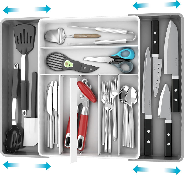 Simple Houseware Expandable Kitchen Drawer Flatware Organizer, Gray/White