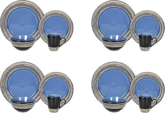 16 Piece Dinnerware Set, Ceramic Plates and Bowls Sets for 4, Microwave and Dishwasher Safe, Handcrafted Tree Bark Series Dish Set, Blue