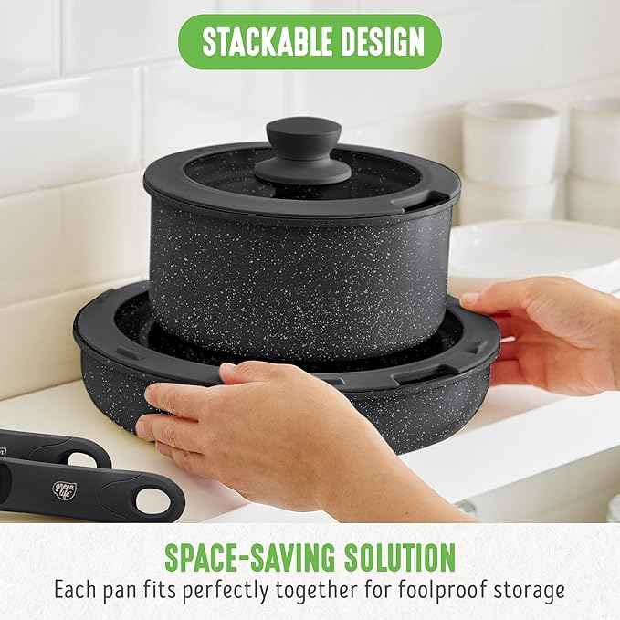 GreenLife 10 Piece Nonstick Pots & Pans Set, Detachable Handle & Stackable Cookware Set, Non Toxic PFAS-Free Skillets, Induction Kitchen Pans, Space Saving, Serving Bowls, Oven Safe, Granite Black