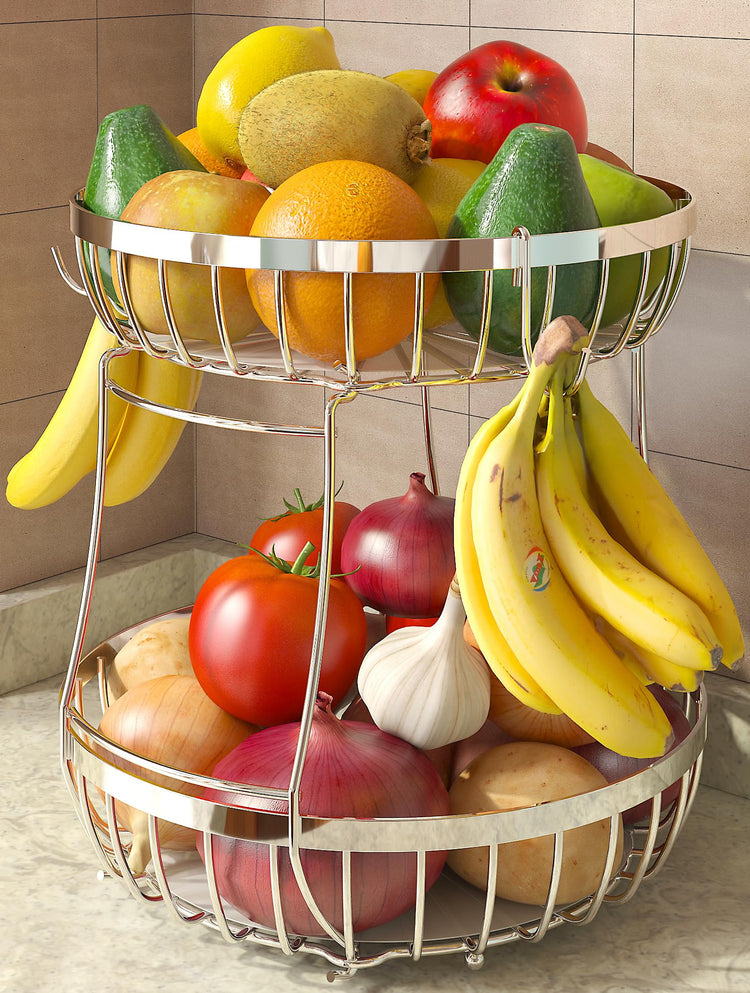 2 Tier Fruit Bowl for Kitchen Counter with Banana Hangers