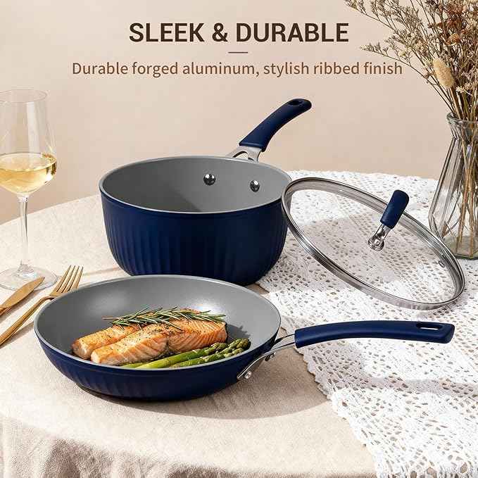 Ammeloo 15-Piece Ribbed Ceramic Cookware Set, Pots and Pans Set Non Stick, Induction Ready, Healthy Non Toxic Kitchen Cooking Set PFAS/PFOA/PTFE-Free, Silicone-wrapped Stay-Cool Handle