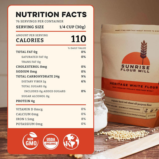 Sunrise Flour Mill Heritage Organic White Flour | USDA Organic All Purpose Flour Unbleached - Non-GMO, Kosher, Glyphosate Free, High Protein for Baking, Unbromated White Wheat (80 Ounce (Pack of 1)) - Nestoria
