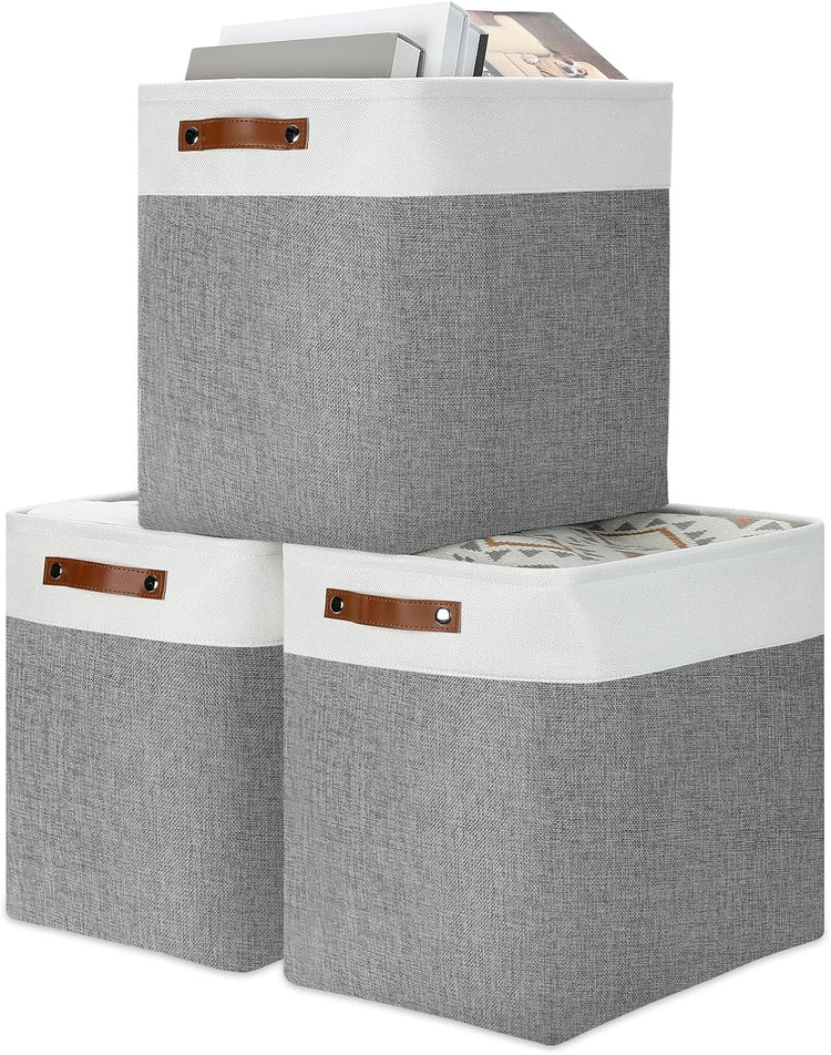 DULLEMELO Storage Baskets 17 inch Large Basket for Blanket Living Room, Foldable Storage Bins Baskets for Organizing [3 Pack] Blanket Storage Baskets Organizer for Home,Office,Closet(White&Grey)