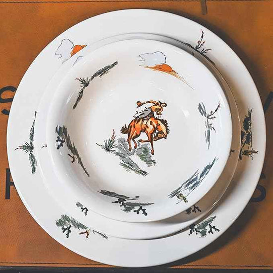 Paseo Road Ranch Life 16 Piece Ceramic Dinnerware Set with Plates, Bowls, Coffee Mugs, Duffle Bag, Cow Longhorn Horse Cowboy Pattern, Southwestern Rustic Cabin Lodge Style