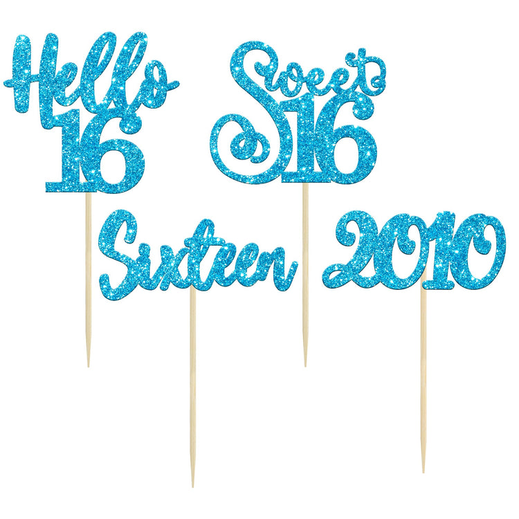 24Pcs Happy 16th Birthday Cupcake Toppers Glitter Hello 16 Sweet 16 Cupcake Picks Sixteen Years Old Birthday Cake Decorations for Celebrating 16th Anniversary Party Supplies Blue (24 Count)
