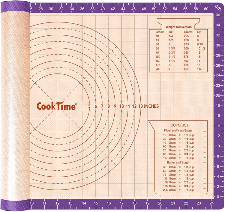 Silicone Pastry Baking Mat Non Stick-Large Rolling Dough with Measurements-Non Slip Pizza,Fondant,Pie,Cake Baking Mat - 26 x 16 Inch By Cook Time(Purple)