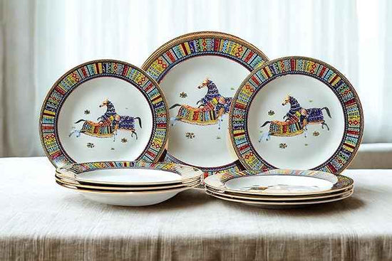 Porcelain Dinnerware Set for 4-20 Piece Luxury Greek Horse Cheval Banquet Dinner Set - Elegant Design - Plates and Cups with Saucers - Dining Set for Everyday Use or Formal Occasions