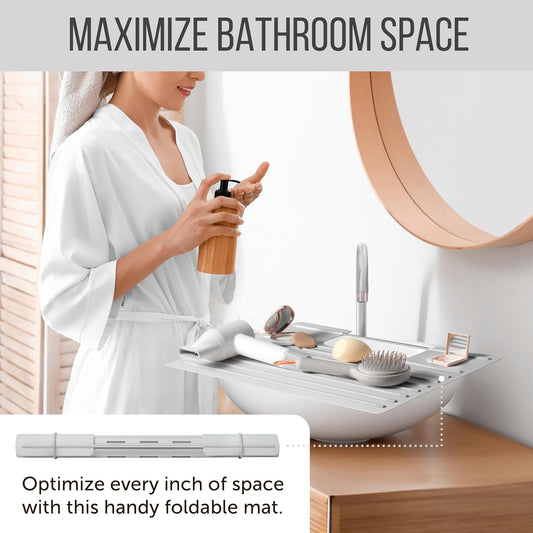 Maplefield Bathroom Sink Cover for Counter Space - Gray, 22 x 2 x 2 Inches - Heat Resistant Silicone Mat - Foldable Vanity Makeup Tray - Space-Saving Sink Cover