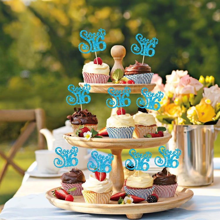 24 Pack 16th Birthday Cupcake Toppers Glitter Sixteen Happy Sweet 16 Cupcake Picks Cheers to 16 Years Old Cupcake Decorations for 16th Birthday Anniversary Party Supplies Light Blue (24 Count)