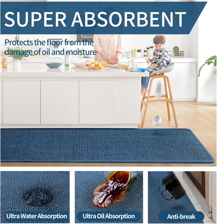Kitchen Mats for Floor, Super Absorbent Kitchen Rugs Non Slip Washable, Soft Imitation Linen Braided Runner Rug, Standing Mat Kitchen Sink Mat, Easy to Clean, Blue 17x71
