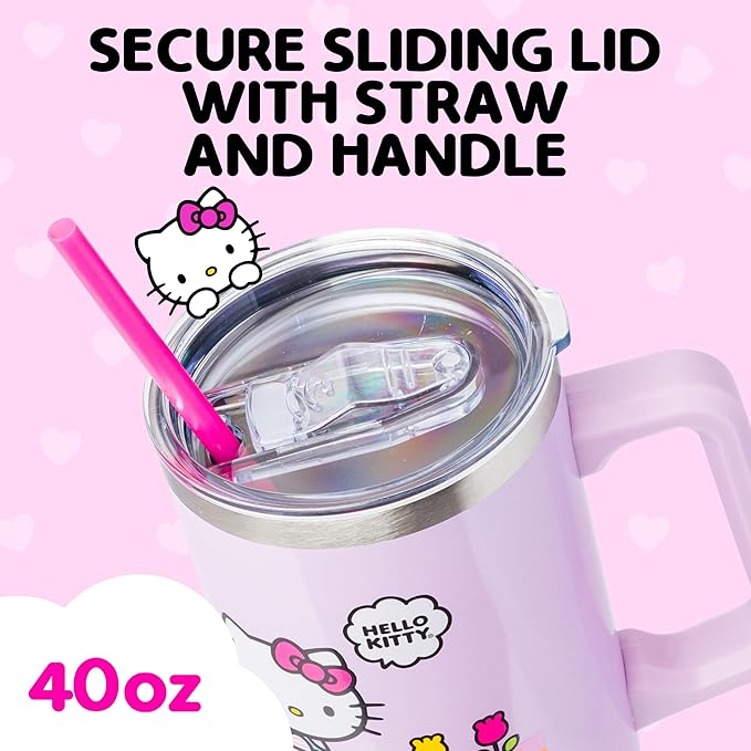 Silver Buffalo Sanrio Hello Kitty Spring and Summer Flowers Rainbow Stripes Double Walled Stainless Steel Tumbler with Handle and Straw, Fits in Standard Cup Holder, 40 Ounces