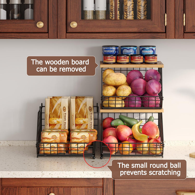2 Set Stackable Wire Basket with Wooden Tops & Pad for kitchen organizers and storage (2 Count)
