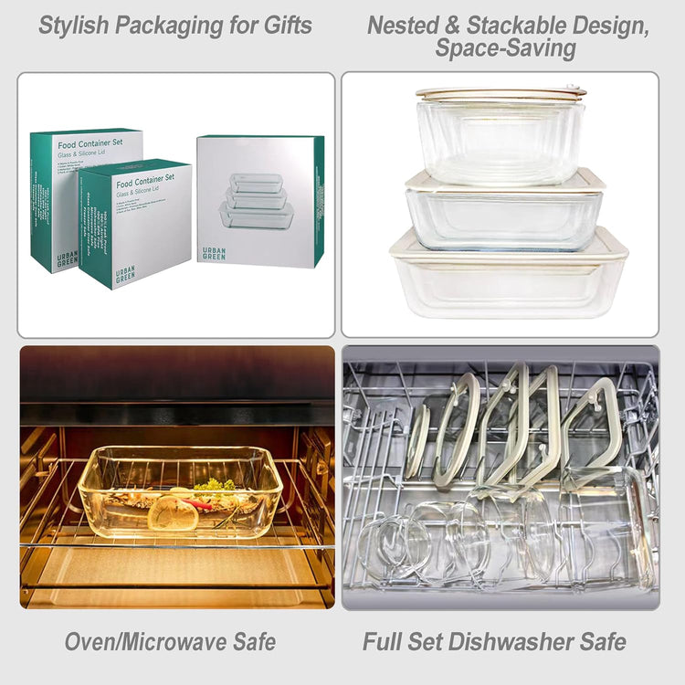 Urban Green Glass Food Container Set with Glass Lid, Large Meal Prep Container Set, Airtight Food Storage Containers with Air Vent Lid, 2 Pack, Large, 87oz, LeakProof, 100% Plastic Free, White color,