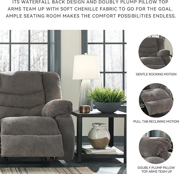 Signature Design by Ashley Tulen Contemporary Rocker Recliner, Gentle Rocking Motion, Pull Tab Reclining, Fabric Upholstery, 39" W x 40" D x 40" H, Dark Gray