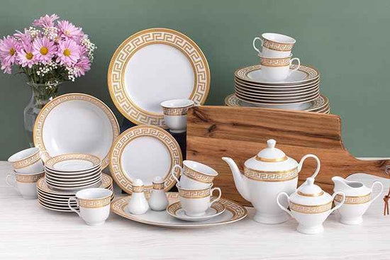 Porcelain Dinnerware Set for 8 - Luxurious 49 Piece Dish Set - White and Gold Greek Key Design - Dinner Plates, Bowls, Cups and Saucers for Everyday Dishes or Formal Occasions (Meander Gold 2049)