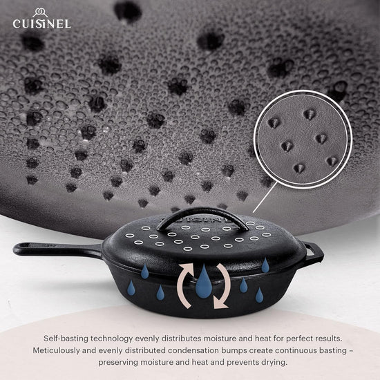 Cuisinel Cast Iron Skillet with Lid - 10"-inch Pre-Seasoned Covered Frying Pan Set + Silicone Handle and Lid Holders + Scraper/Cleaner - Use Indoor/Outdoor, Oven, Stove, BBQ, Fire, Grill Cookware - Nestoria