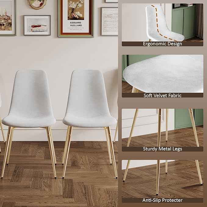 AF ARTISAN FURNITURE 36" Square Glass Dining Table Set for 4, 5-Piece Modern Kitchen Table with 4 White Velvet Chairs, Modern Circle Leisure Table for Home Office Dining Room Small Spaces (Gold Leg)