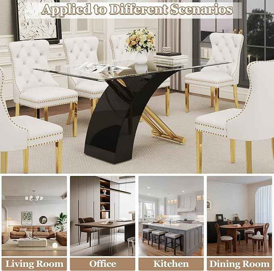 7 Piece Glass Dining Table Set for 6, 63" Modern Kitchen Table with 6 White Velvet Chairs, Tempered Glass Tabletop with Black X-Shaped MDF Base, Modern Dining Room Set for Kitchen and Dining Room