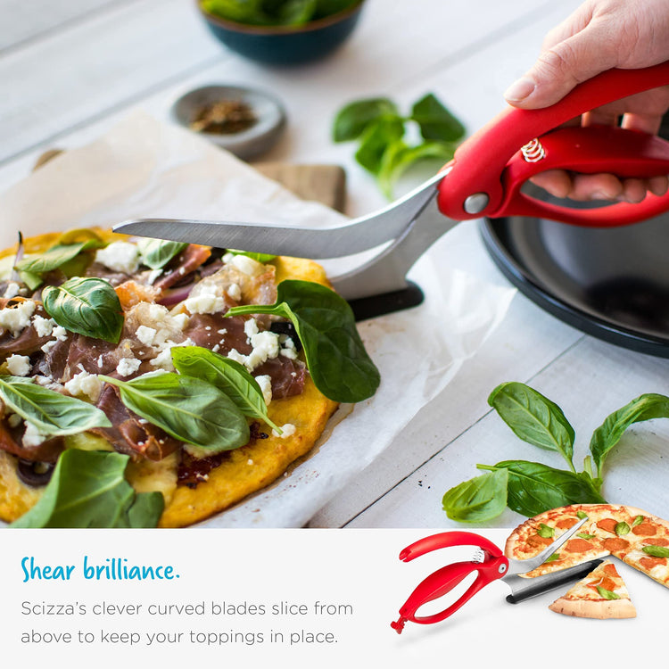 Scizza 2-In-1 Easy Ergonomic Pizza Scissors with Stainless Steel Pizza Cutter Blades & Non-Stick Slice Server - Red